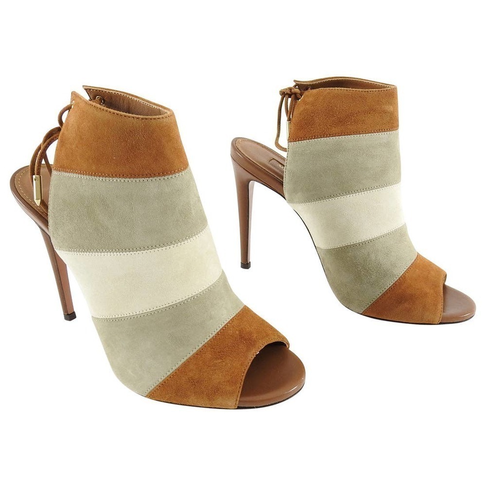 Aquazzura Tan and Gray Rainbow 105 Color Block Stripe Suede Heels, Size 36.5 🔴